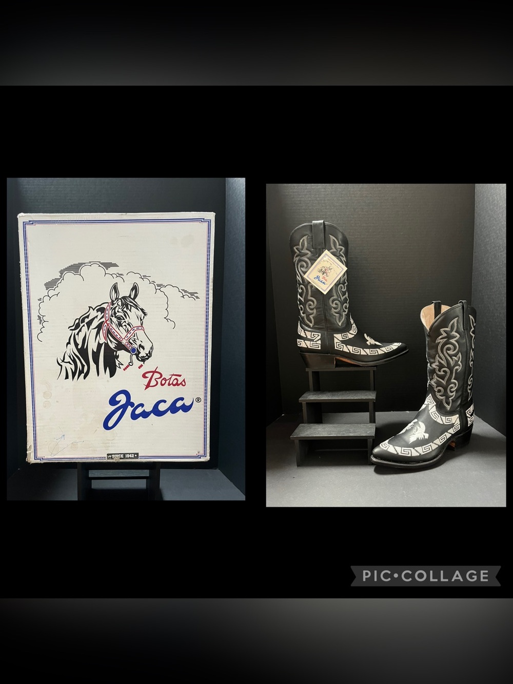 New Jaca Black Leather Cowboy Boots w/White Embroidered Eagle 26EE Mexico w/Box